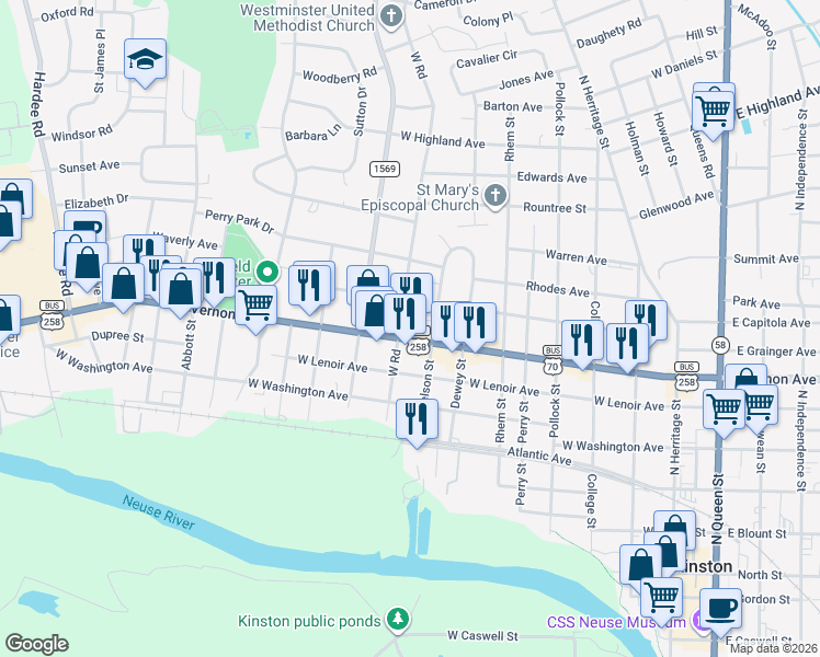 map of restaurants, bars, coffee shops, grocery stores, and more near South Kinston Boulevard in Pink Hill
