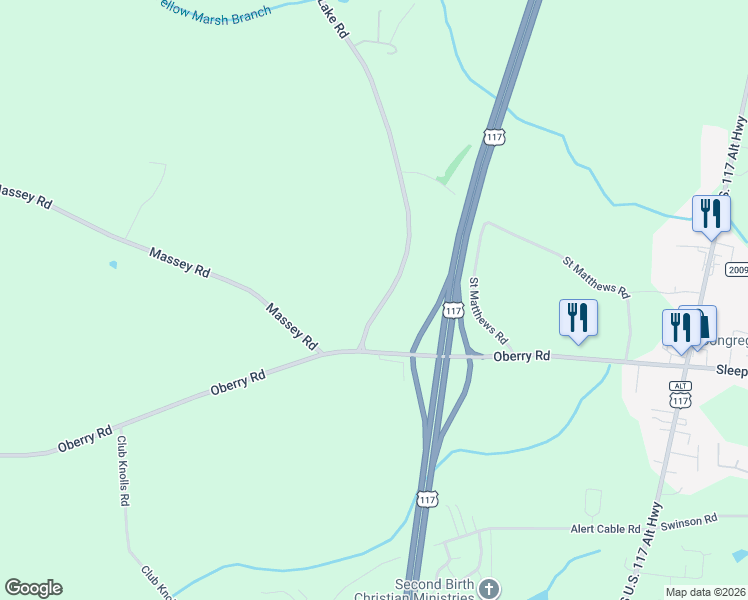 map of restaurants, bars, coffee shops, grocery stores, and more near Durham Lake Road in Wayne County