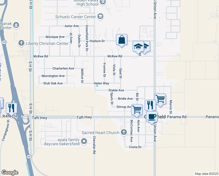 map of restaurants, bars, coffee shops, grocery stores, and more near 9212 Yvonne Street in Bakersfield