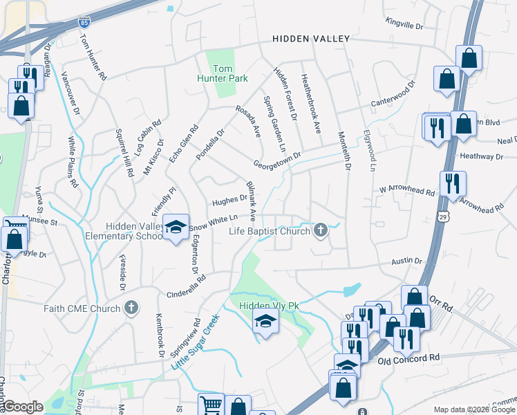 map of restaurants, bars, coffee shops, grocery stores, and more near 5501 Hughes Drive in Charlotte