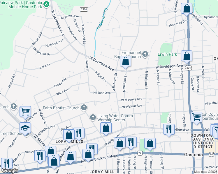 map of restaurants, bars, coffee shops, grocery stores, and more near 1016 Ridge Avenue in Gastonia