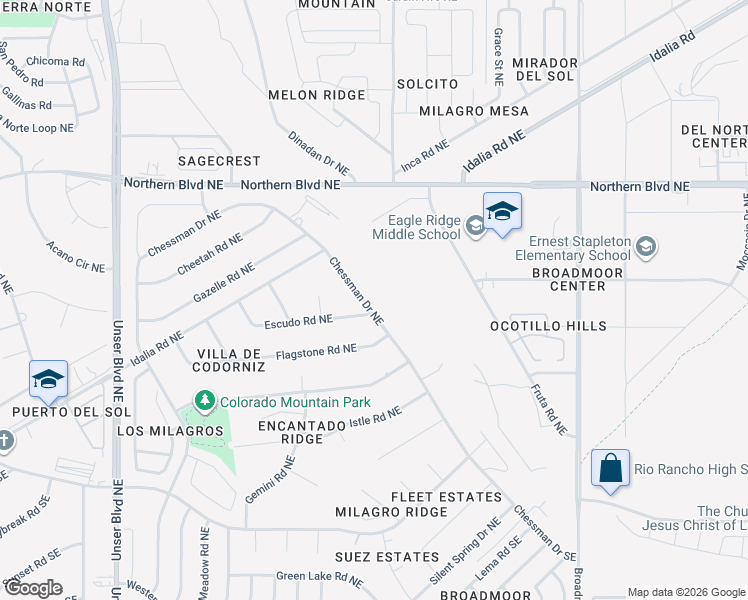 map of restaurants, bars, coffee shops, grocery stores, and more near 2533 Chessman Drive Northeast in Rio Rancho
