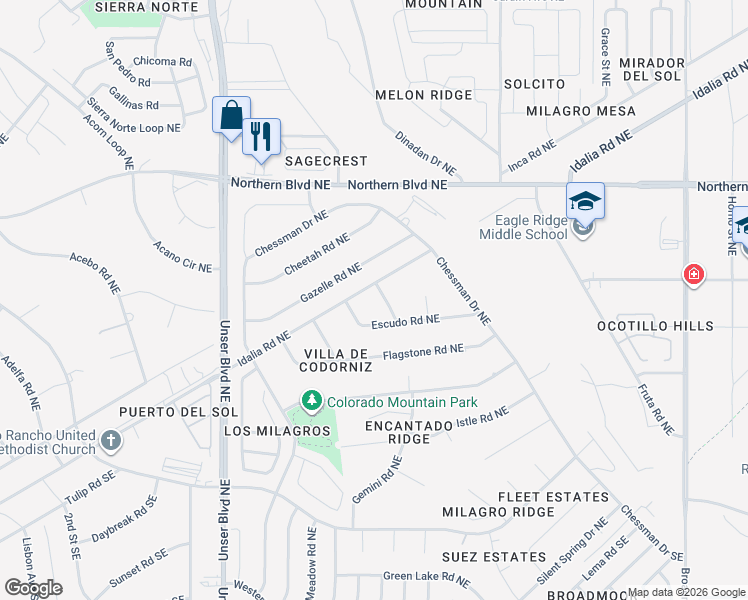 map of restaurants, bars, coffee shops, grocery stores, and more near 717 Gregg Road Northeast in Rio Rancho