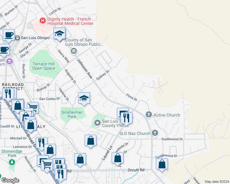 map of restaurants, bars, coffee shops, grocery stores, and more near 1587 La Cita Court in San Luis Obispo