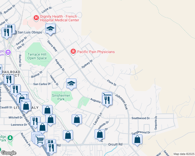 map of restaurants, bars, coffee shops, grocery stores, and more near 1587 La Cita Court in San Luis Obispo