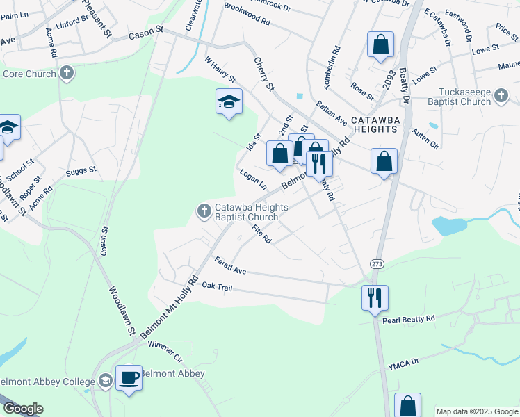 map of restaurants, bars, coffee shops, grocery stores, and more near 404 Belmont Mount Holly Road in Belmont