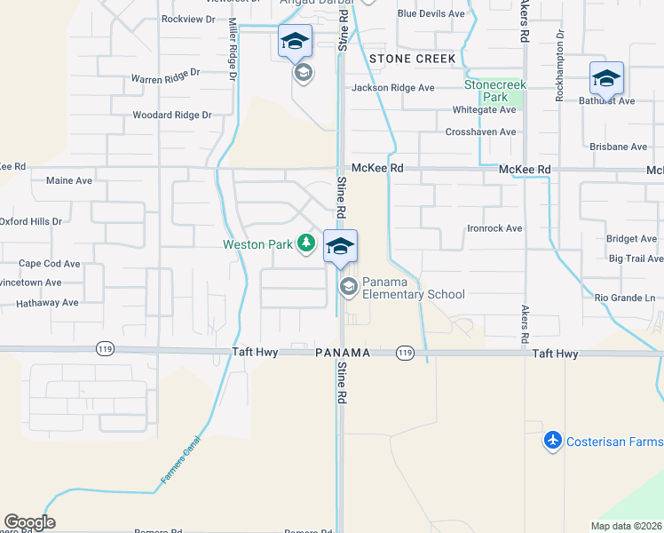 map of restaurants, bars, coffee shops, grocery stores, and more near 9248 Stine Road in Bakersfield