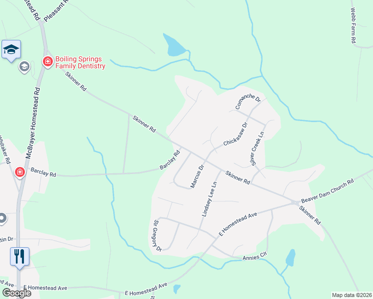 map of restaurants, bars, coffee shops, grocery stores, and more near 106 Seminole Court in Shelby
