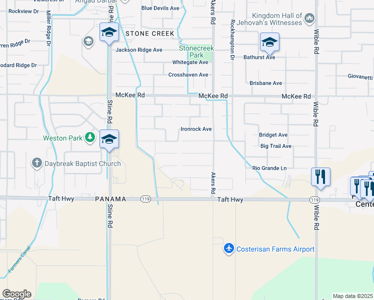 map of restaurants, bars, coffee shops, grocery stores, and more near 4305 Sierra Madre Avenue in Bakersfield