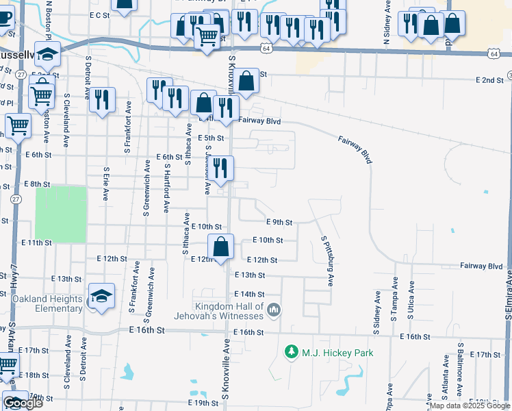 map of restaurants, bars, coffee shops, grocery stores, and more near 1301 East 8th Street in Russellville