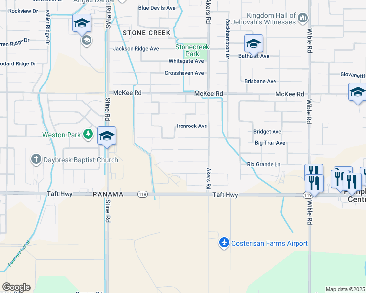 map of restaurants, bars, coffee shops, grocery stores, and more near 4305 Sierra Madre Avenue in Bakersfield