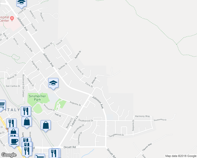 map of restaurants, bars, coffee shops, grocery stores, and more near 3020 Bahia Court in San Luis Obispo