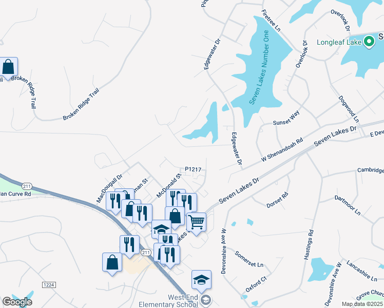 map of restaurants, bars, coffee shops, grocery stores, and more near 125 Shagbark Road in Seven Lakes