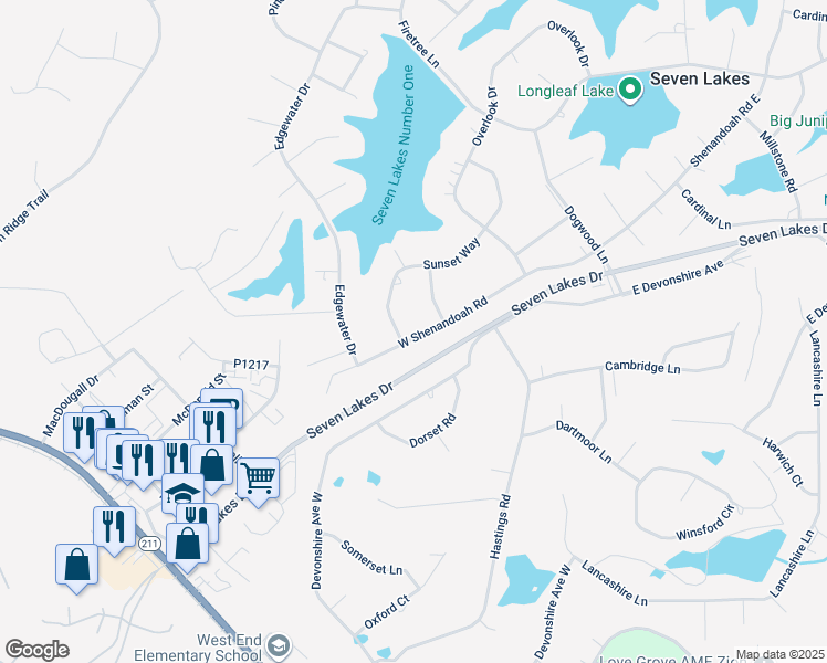 map of restaurants, bars, coffee shops, grocery stores, and more near 151 Sunset Way in Seven Lakes