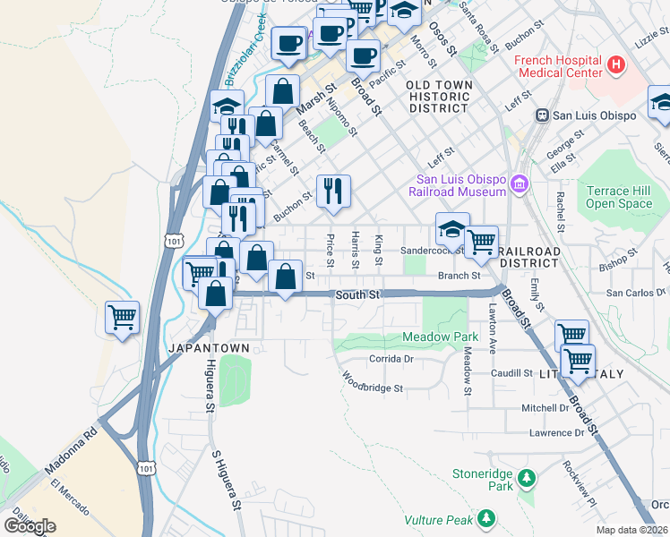 map of restaurants, bars, coffee shops, grocery stores, and more near 355 Sandercock Street in San Luis Obispo