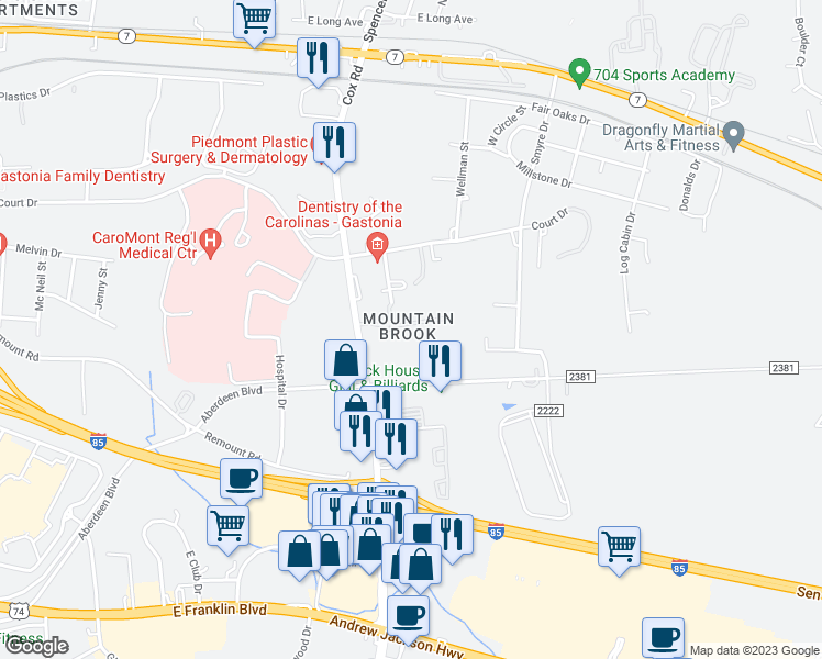 map of restaurants, bars, coffee shops, grocery stores, and more near 2510 Loblolly Pine Drive in Gastonia