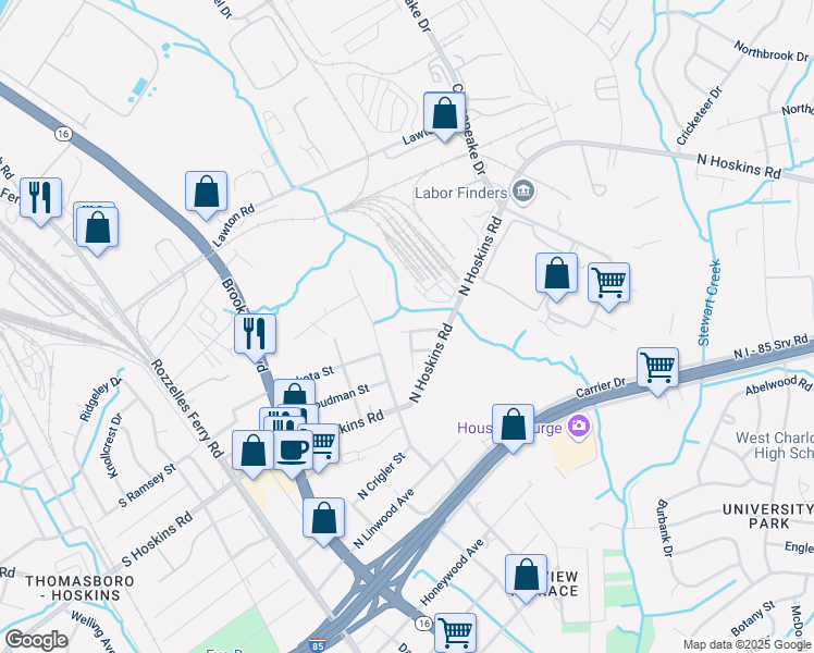 map of restaurants, bars, coffee shops, grocery stores, and more near 4144 Canyon Creek Lane in Charlotte