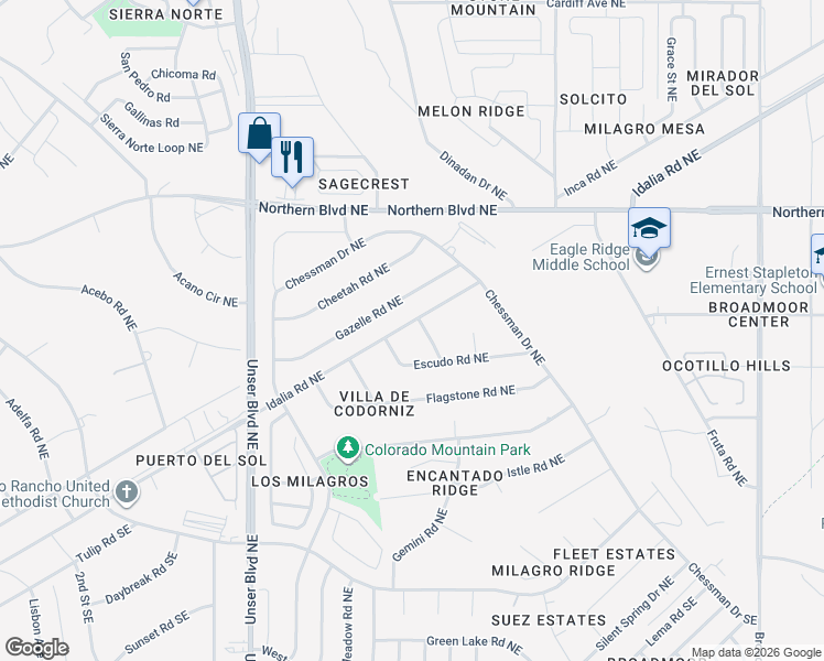 map of restaurants, bars, coffee shops, grocery stores, and more near 717 Gregg Road Northeast in Rio Rancho