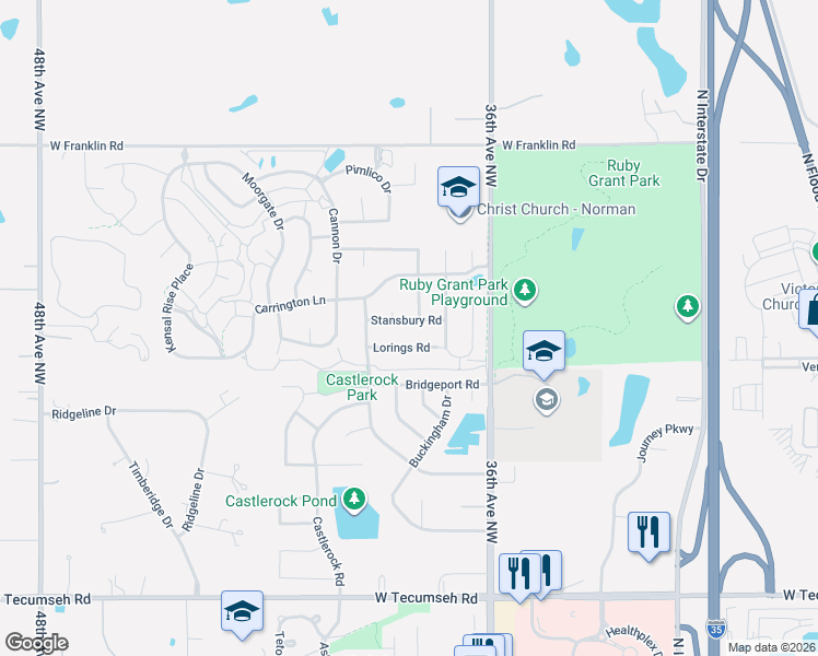 map of restaurants, bars, coffee shops, grocery stores, and more near 4301 Warrington Way in Norman