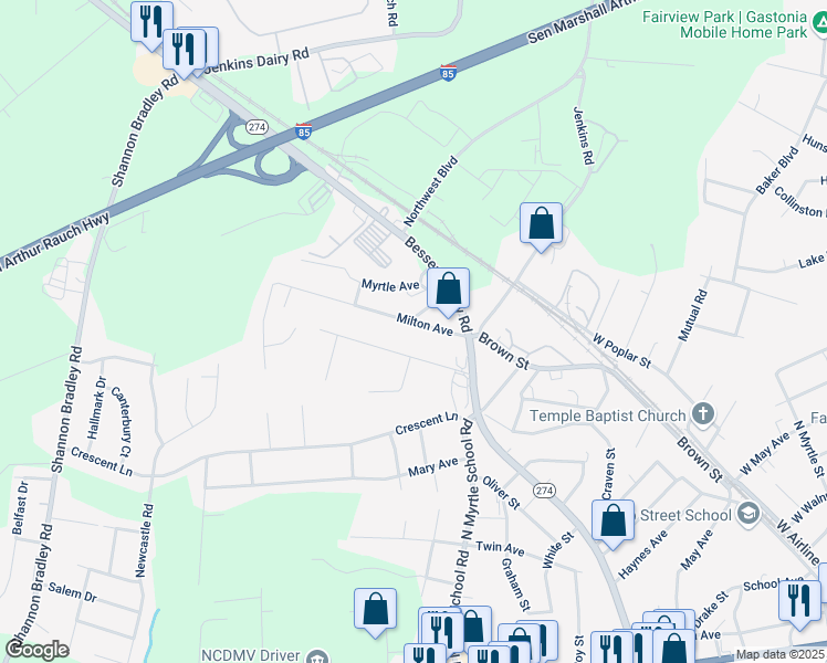map of restaurants, bars, coffee shops, grocery stores, and more near 2408 Milton Avenue in Gastonia