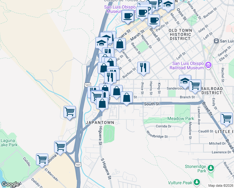 map of restaurants, bars, coffee shops, grocery stores, and more near 2131 Beebee Street in San Luis Obispo