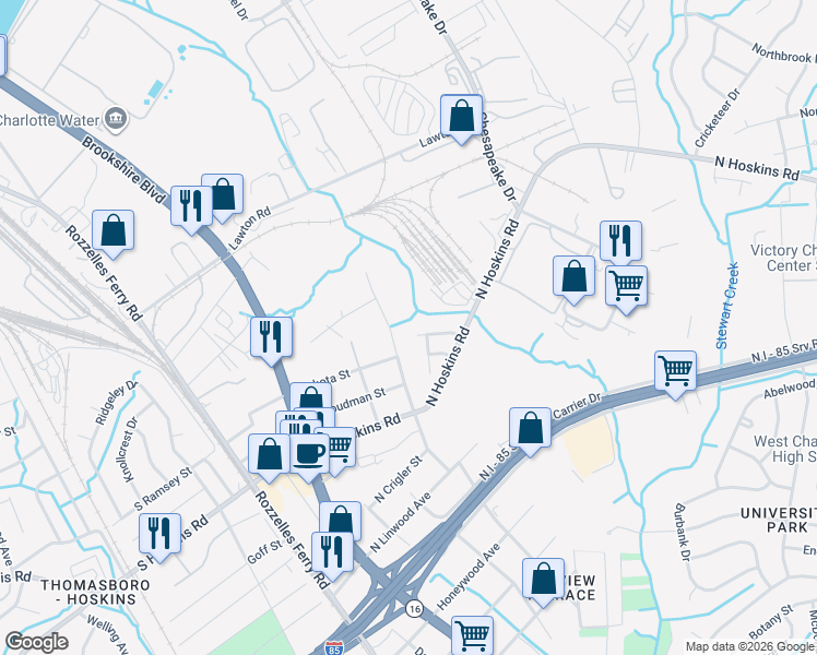 map of restaurants, bars, coffee shops, grocery stores, and more near 4160 Canyon Creek Lane in Charlotte