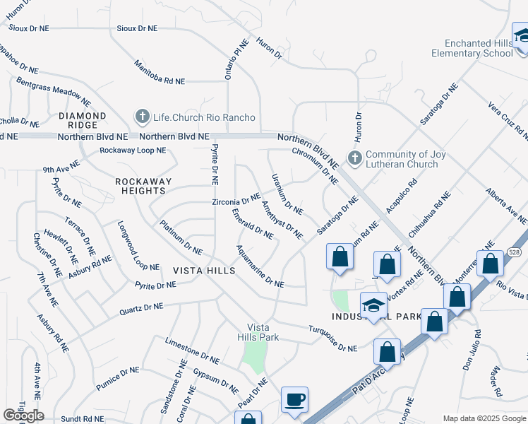 map of restaurants, bars, coffee shops, grocery stores, and more near 755 Amethyst Drive Northeast in Rio Rancho
