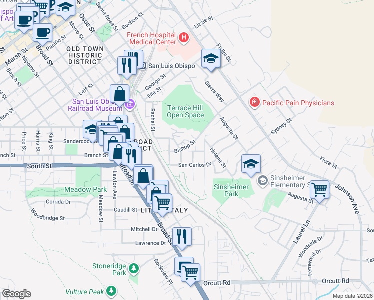 map of restaurants, bars, coffee shops, grocery stores, and more near 1033 Trevor Way in San Luis Obispo