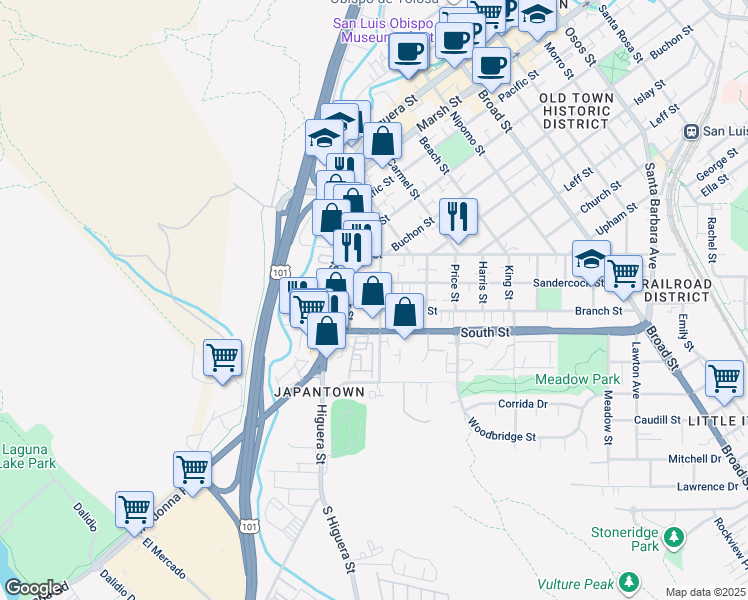 map of restaurants, bars, coffee shops, grocery stores, and more near 215 Sandercock Street in San Luis Obispo