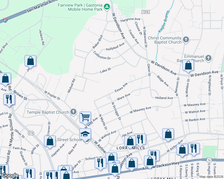 map of restaurants, bars, coffee shops, grocery stores, and more near 1342 Essex Avenue in Gastonia
