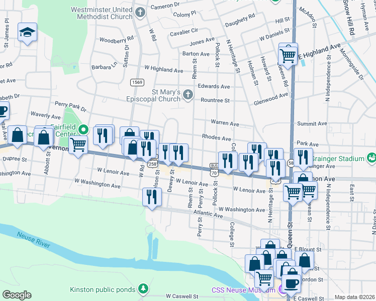 map of restaurants, bars, coffee shops, grocery stores, and more near 903 Rhem Street in Kinston