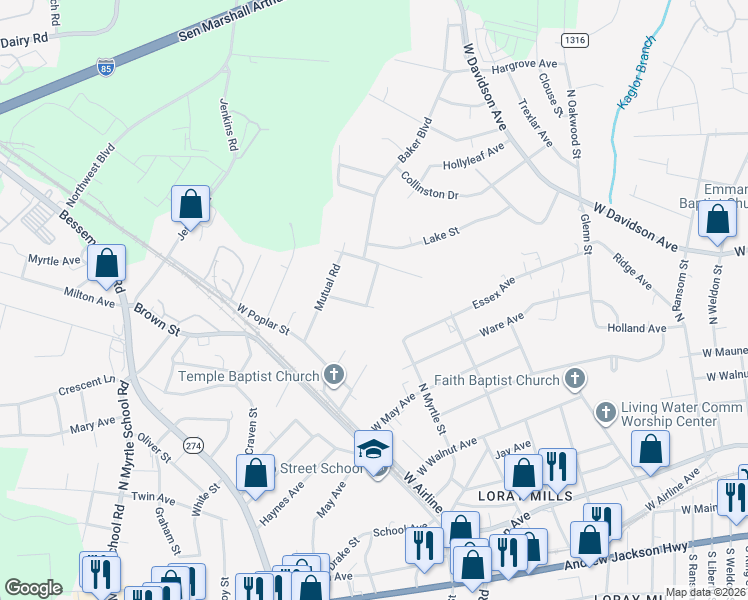 map of restaurants, bars, coffee shops, grocery stores, and more near 822 North Vine Street in Gastonia