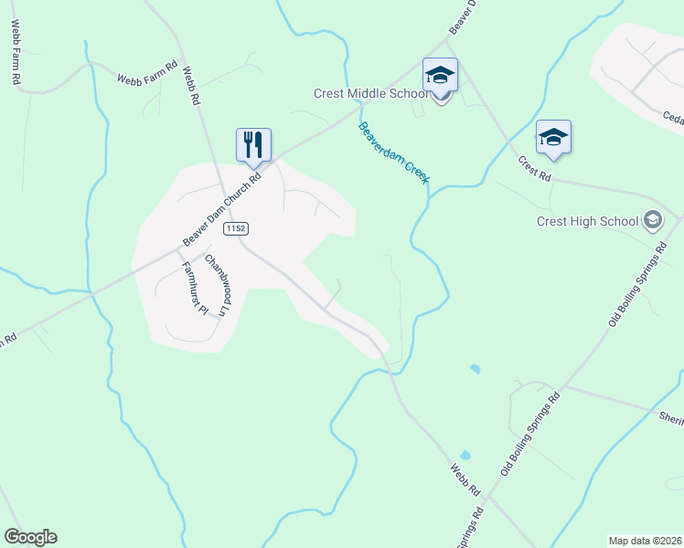 map of restaurants, bars, coffee shops, grocery stores, and more near 458 Webb Road in Shelby