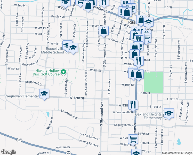 map of restaurants, bars, coffee shops, grocery stores, and more near 804 South Houston Avenue in Russellville