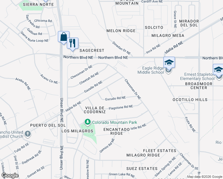 map of restaurants, bars, coffee shops, grocery stores, and more near 714 Bulb Court Northeast in Rio Rancho