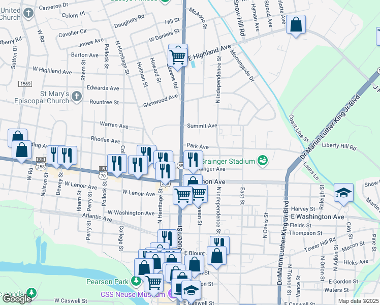 map of restaurants, bars, coffee shops, grocery stores, and more near 103 Park Avenue in Kinston