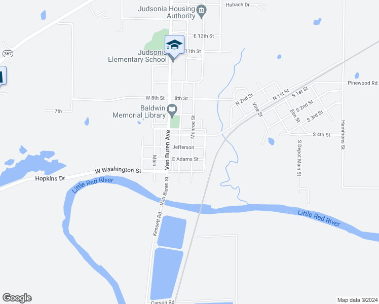 map of restaurants, bars, coffee shops, grocery stores, and more near 305 Monroe Street in Judsonia