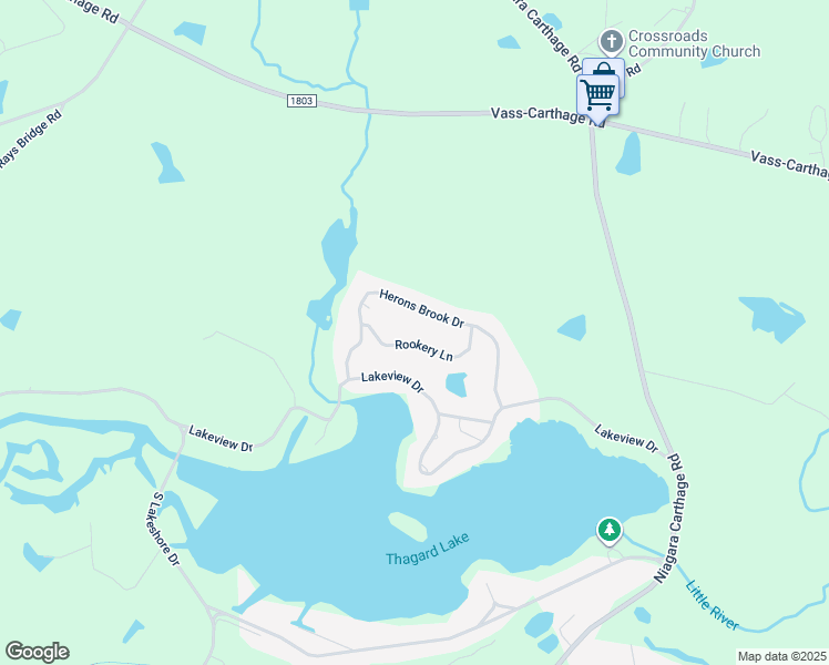 map of restaurants, bars, coffee shops, grocery stores, and more near 725 Rookery Lane in Whispering Pines