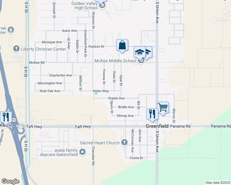 map of restaurants, bars, coffee shops, grocery stores, and more near 411 Helen Way in Bakersfield