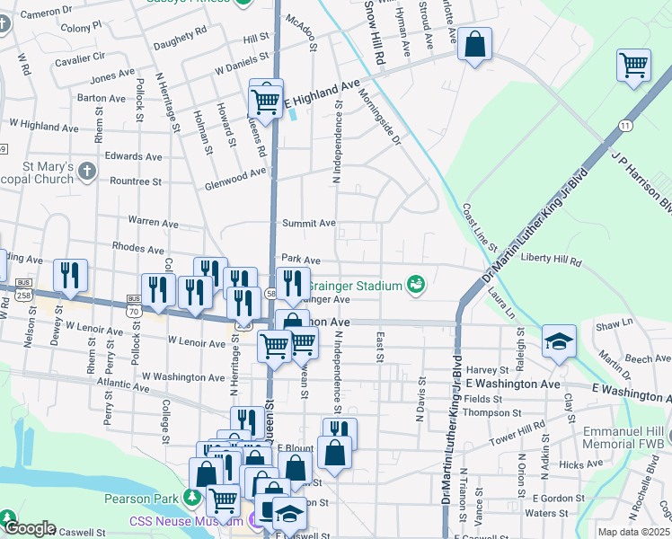 map of restaurants, bars, coffee shops, grocery stores, and more near 205 Park Avenue in Kinston