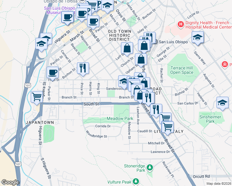 map of restaurants, bars, coffee shops, grocery stores, and more near 2089 Ward Street in San Luis Obispo