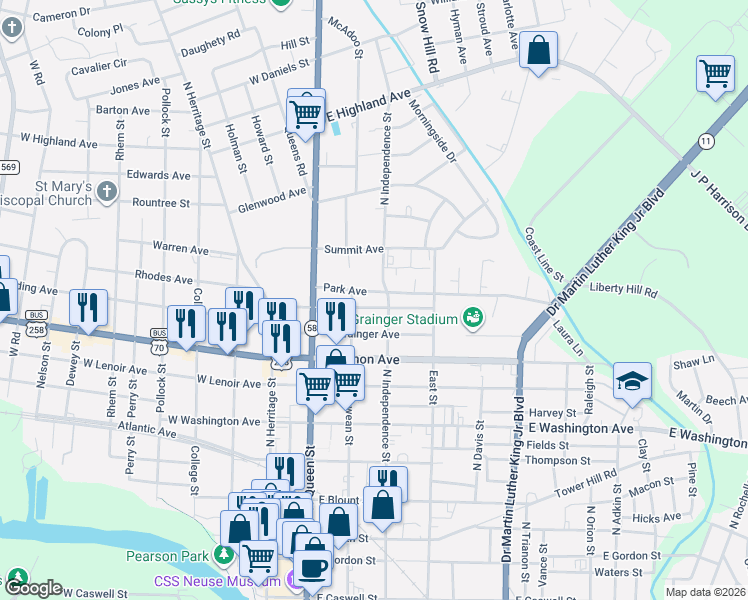 map of restaurants, bars, coffee shops, grocery stores, and more near 205 Park Avenue in Kinston