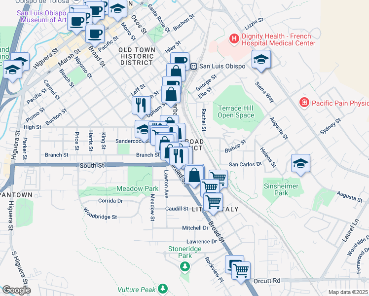 map of restaurants, bars, coffee shops, grocery stores, and more near 1180 Roundhouse Street in San Luis Obispo