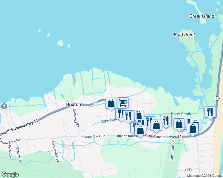 map of restaurants, bars, coffee shops, grocery stores, and more near 47189 Gaskins Lane in Buxton