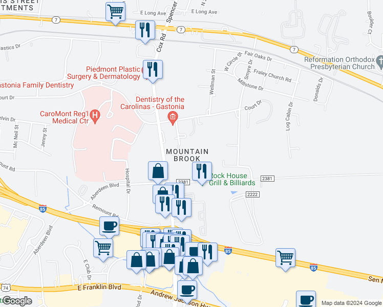 map of restaurants, bars, coffee shops, grocery stores, and more near 2510 Loblolly Pine Drive in Gastonia