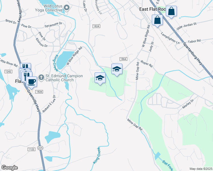 map of restaurants, bars, coffee shops, grocery stores, and more near Preston Lane in East Flat Rock