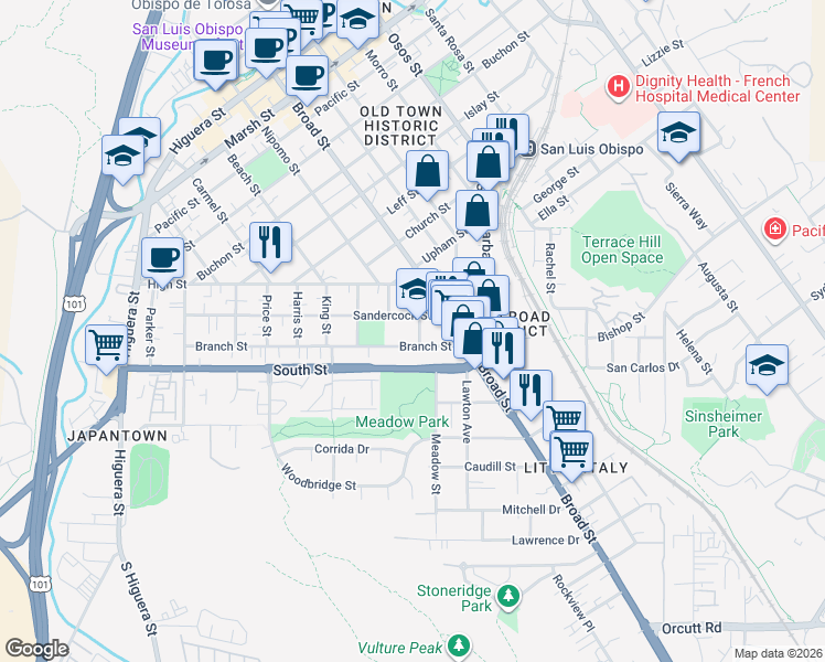 map of restaurants, bars, coffee shops, grocery stores, and more near 2125 Story Street in San Luis Obispo