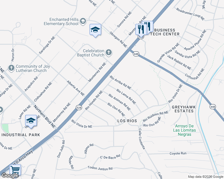 map of restaurants, bars, coffee shops, grocery stores, and more near 5704 Rio Lama Road Northeast in Rio Rancho