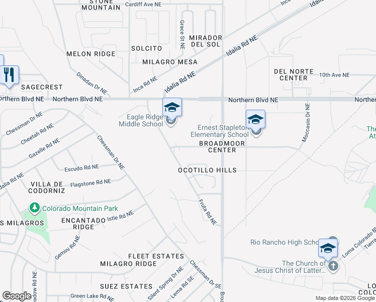map of restaurants, bars, coffee shops, grocery stores, and more near 2812 Stapleton Avenue Northeast in Rio Rancho