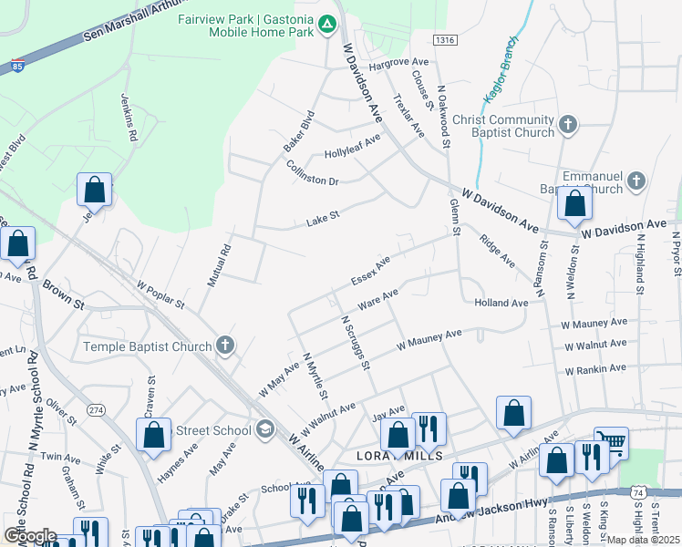 map of restaurants, bars, coffee shops, grocery stores, and more near 1342 Essex Avenue in Gastonia
